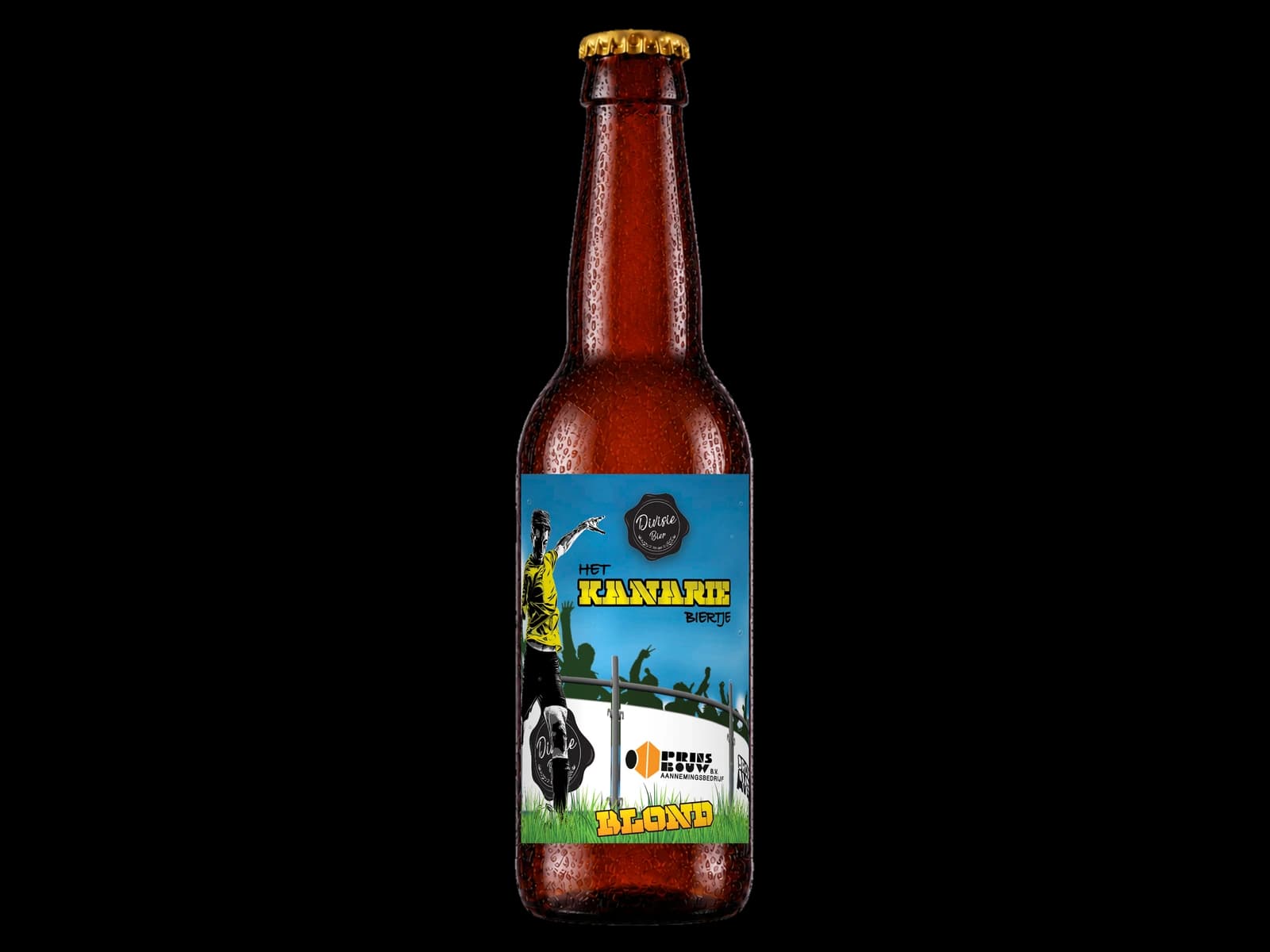 Maatwerkvoorbeeld VSCO - Het Kanarie Biertje op een bruin bierflesje