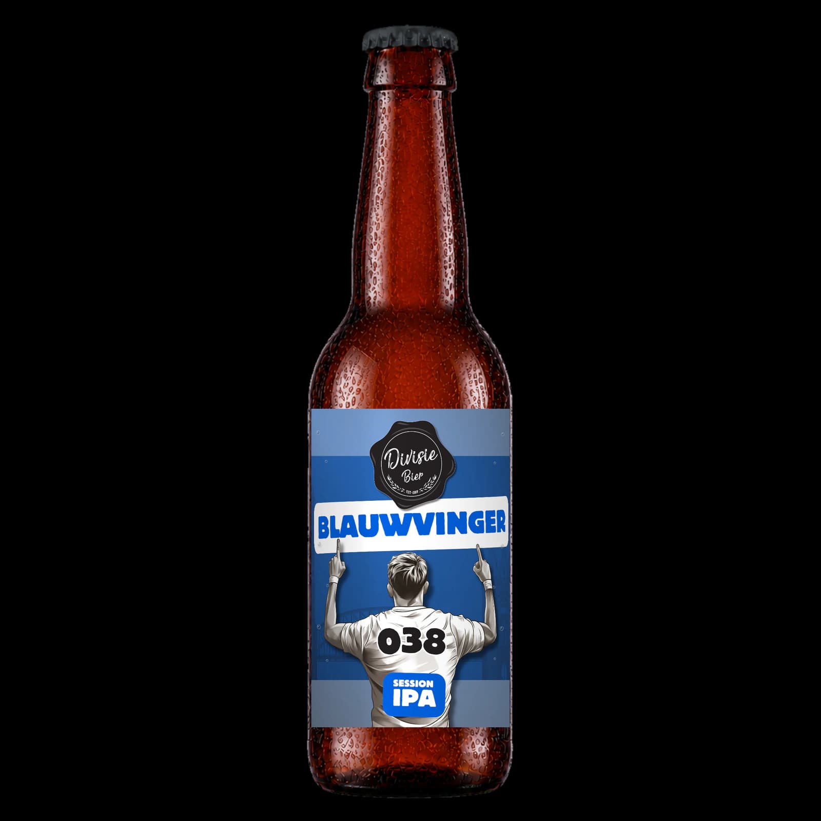 Bruin 33cl-flesje Blauwvinger Session IPA met het originele etiket