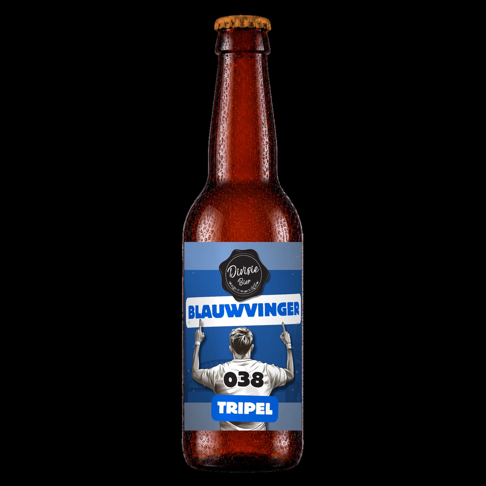 Bruin 33cl-flesje Blauwvinger Tripel met het originele etiket