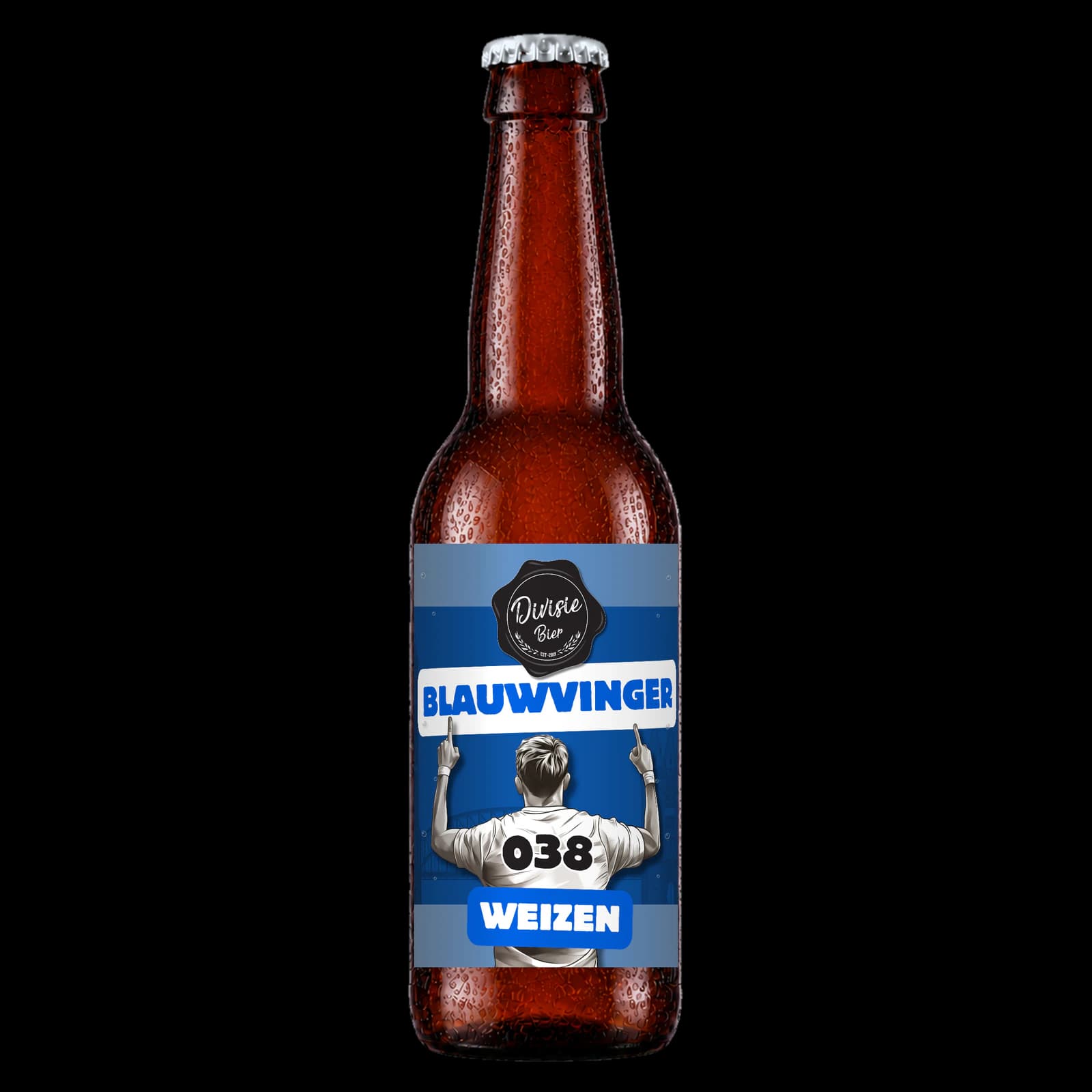 Bruin 33cl-flesje Blauwvinger Weizen met het originele etiket