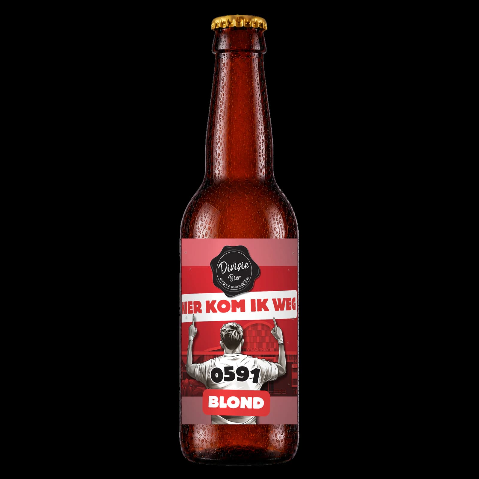 Bruin 33cl-flesje Hier Kom Ik Weg Blond met het originele etiket
