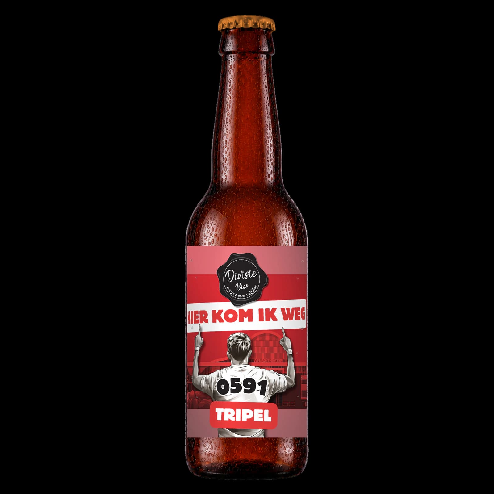 Bruin 33cl-flesje Hier Kom Ik Weg Tripel met het originele etiket
