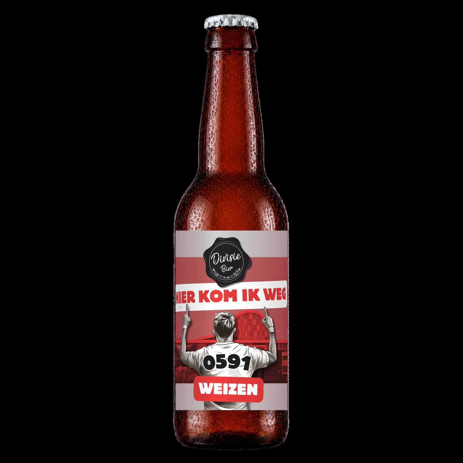 Bruin 33cl-flesje Hier Kom Ik Weg Weizen met het originele etiket