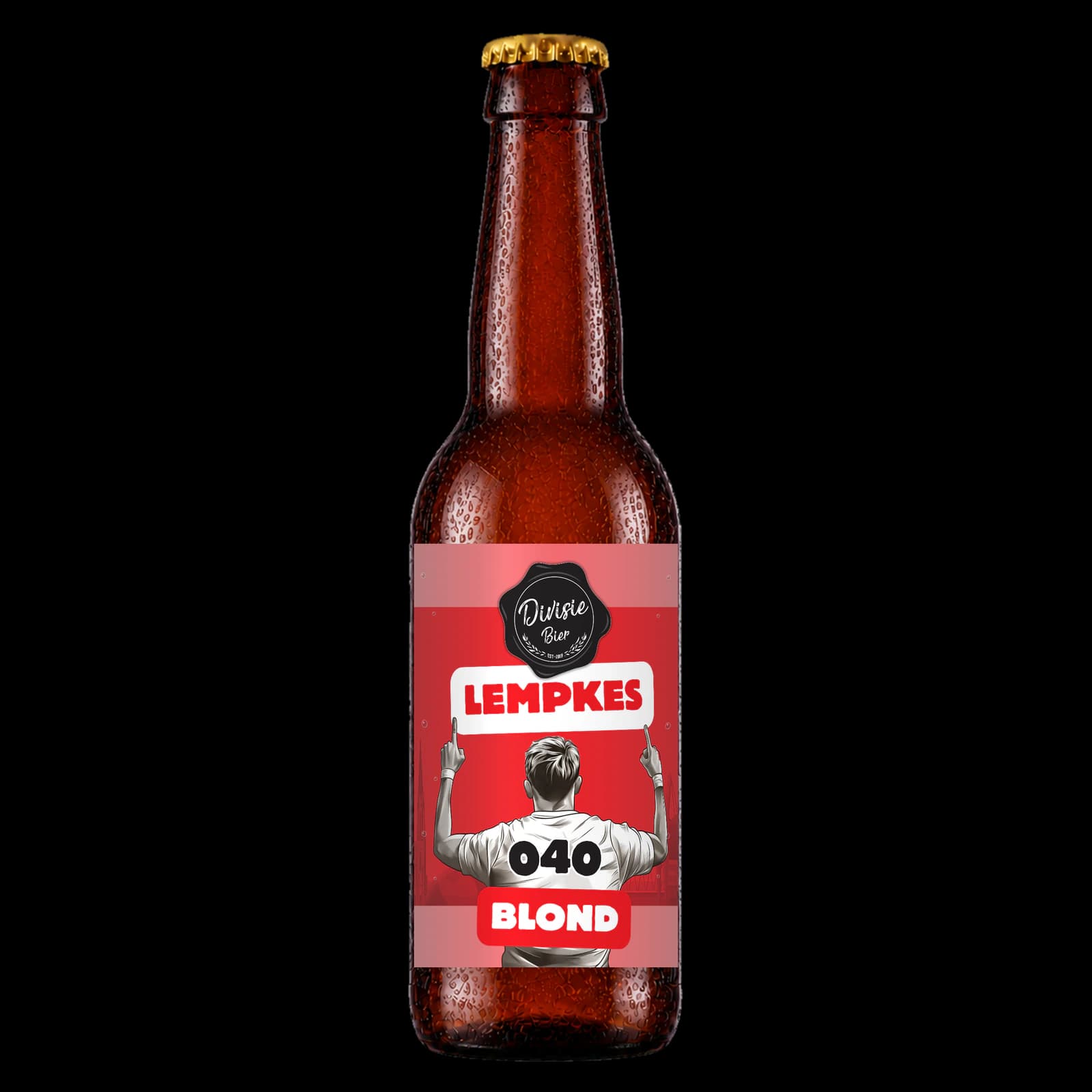 Bruin 33cl-flesje Lempkes Blond met het originele etiket