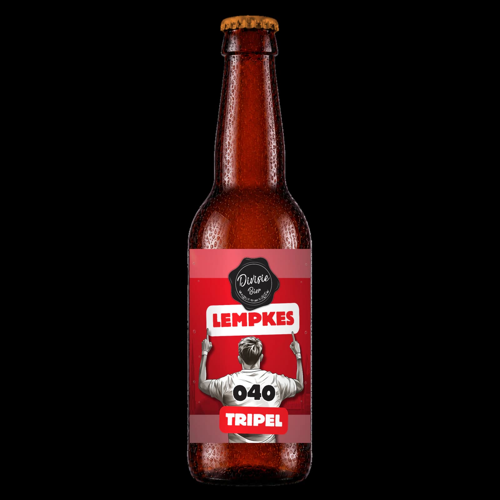 Bruin 33cl-flesje Lempkes Tripel met het originele etiket