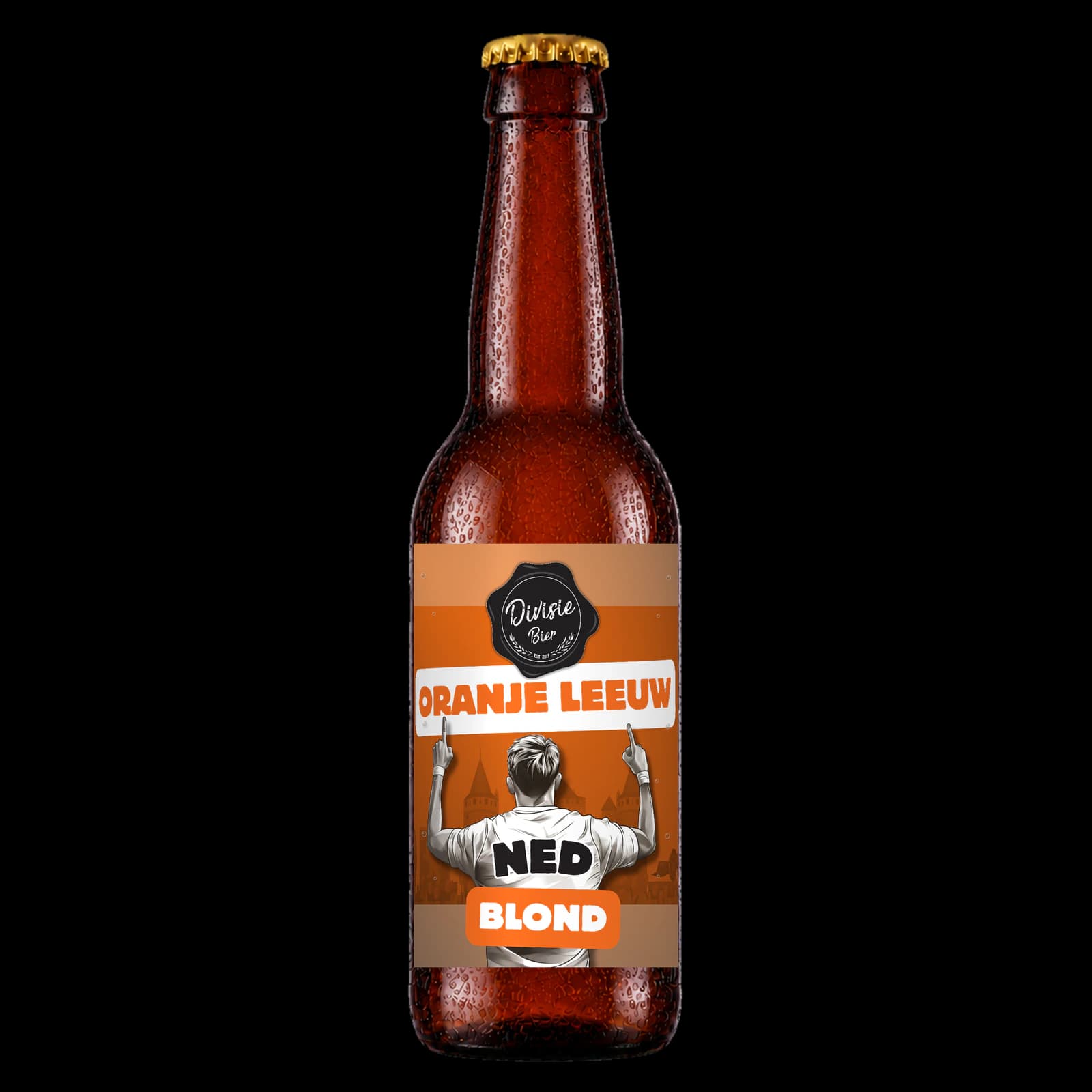 Bruin 33cl-flesje Oranje Leeuw Blond met het originele etiket