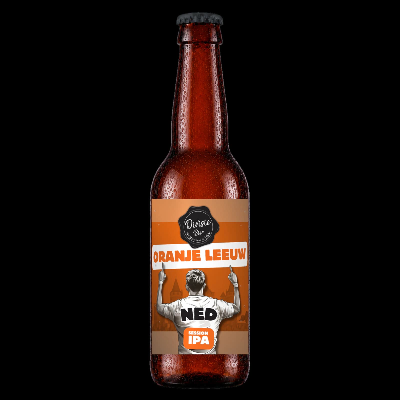 Bruin 33cl-flesje Oranje Leeuw Session IPA met het originele etiket