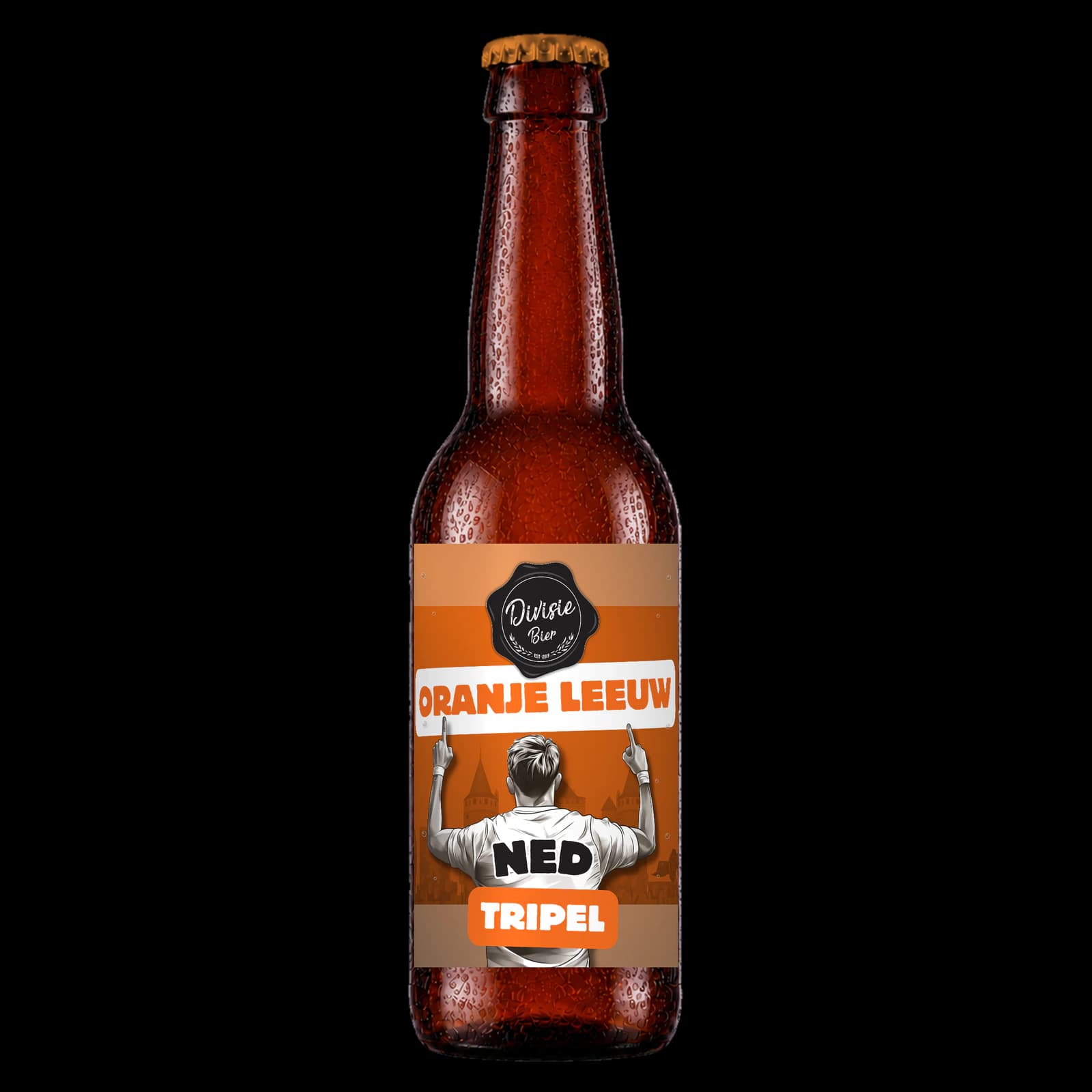 Bruin 33cl-flesje Oranje Leeuw Tripel met het originele etiket