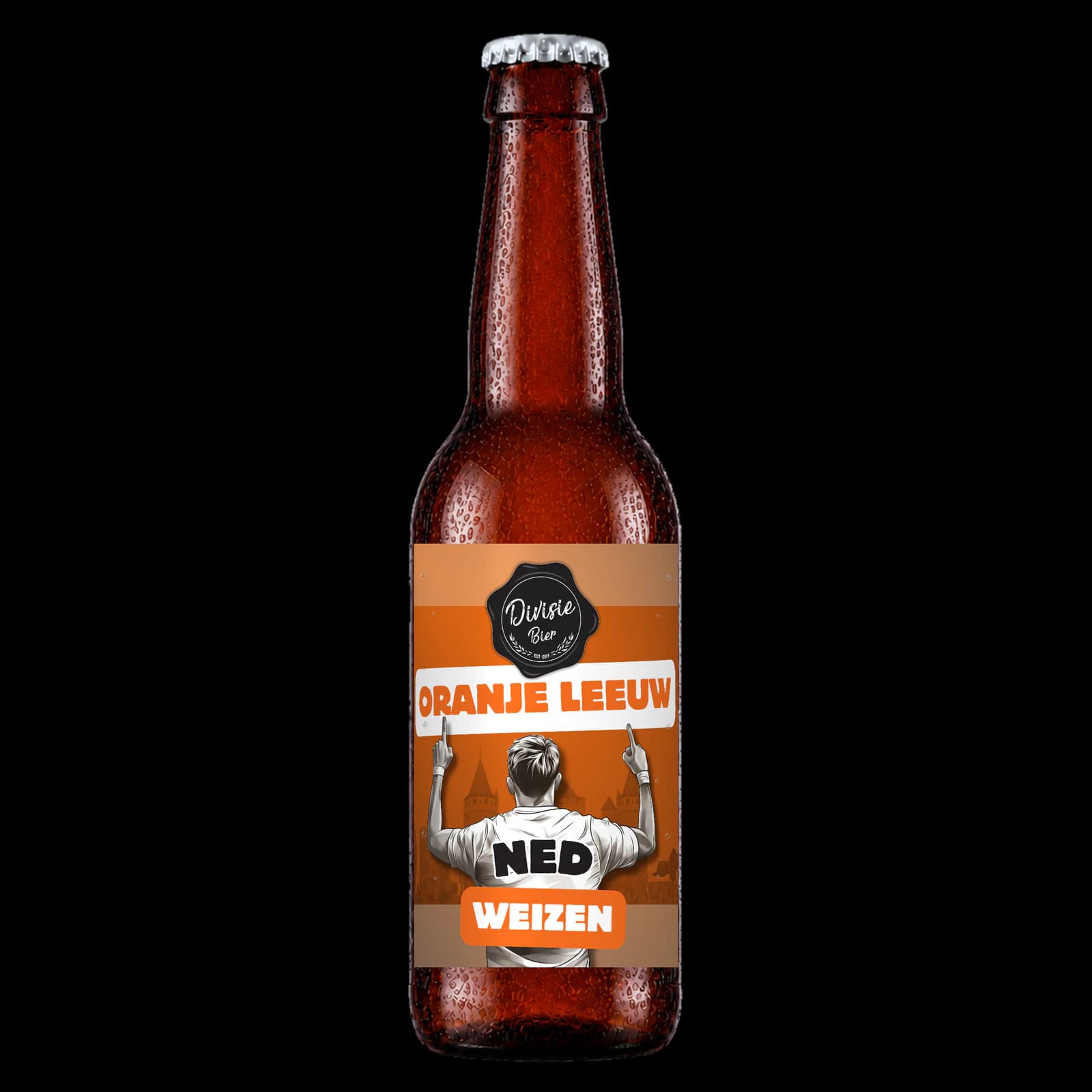 Bruin 33cl-flesje Oranje Leeuw Weizen met het originele etiket