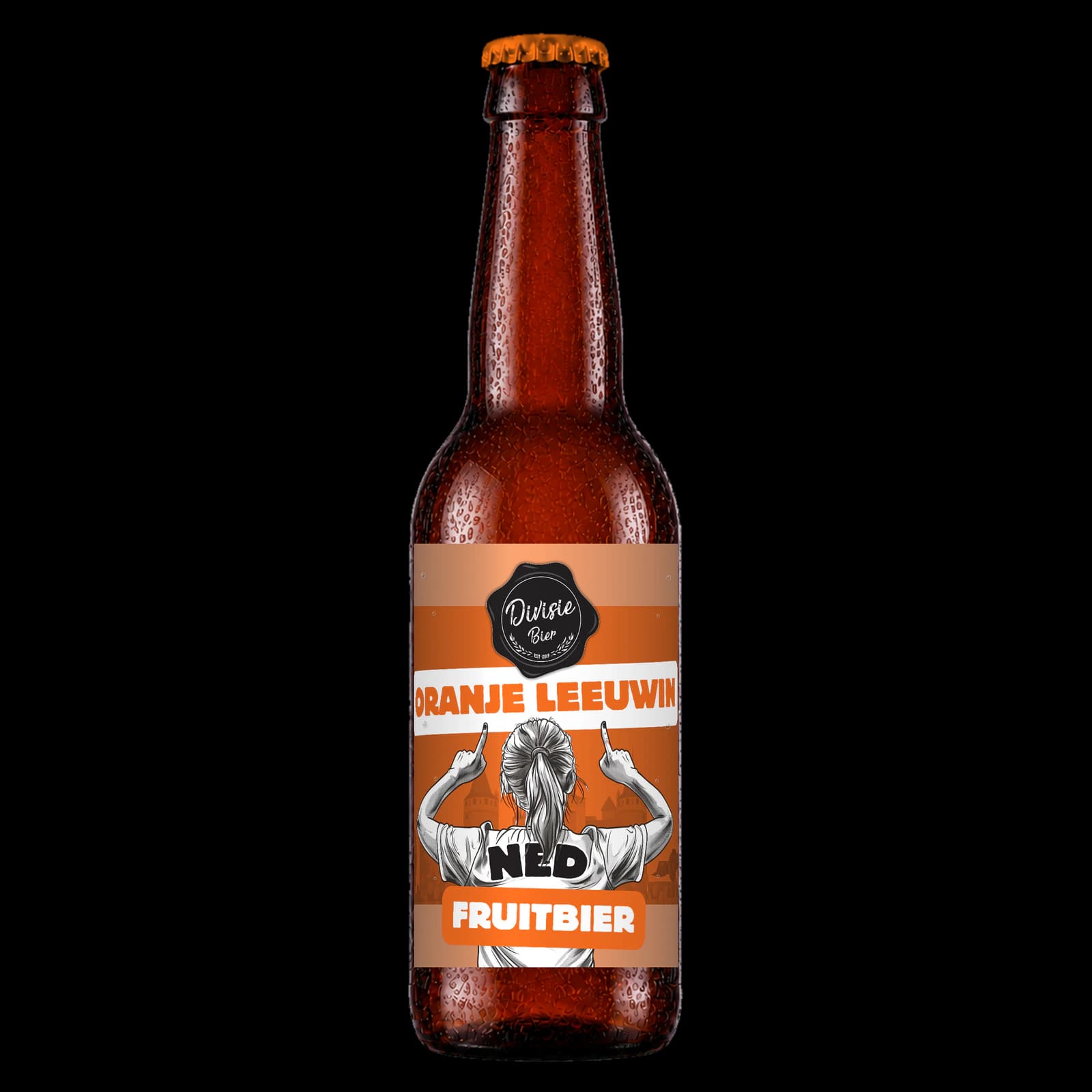 Bruin 33cl-flesje Oranje Leeuwin Fruitbier met het originele etiket
