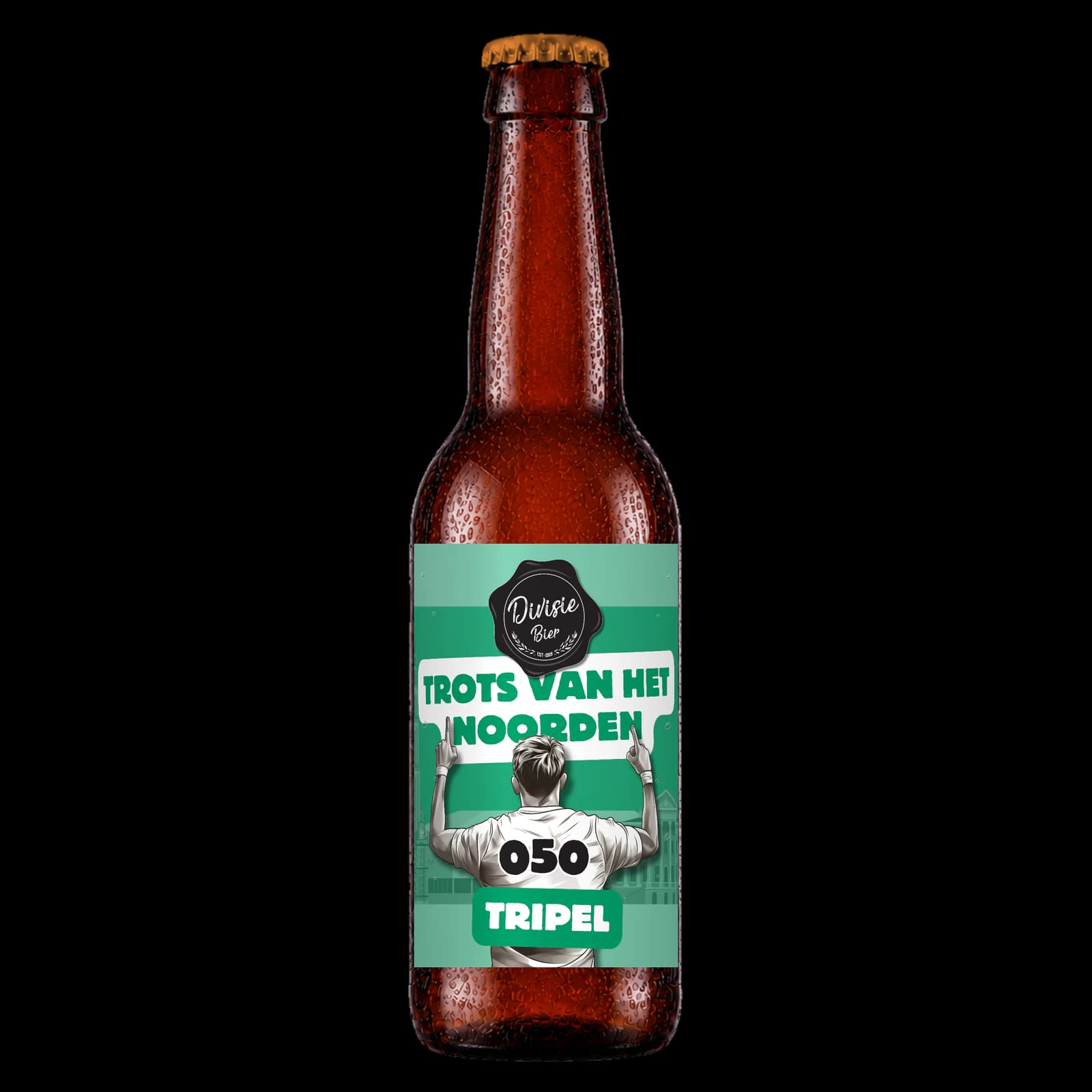 Bruin 33cl-flesje Trots van het Noorden Tripel met het originele etiket