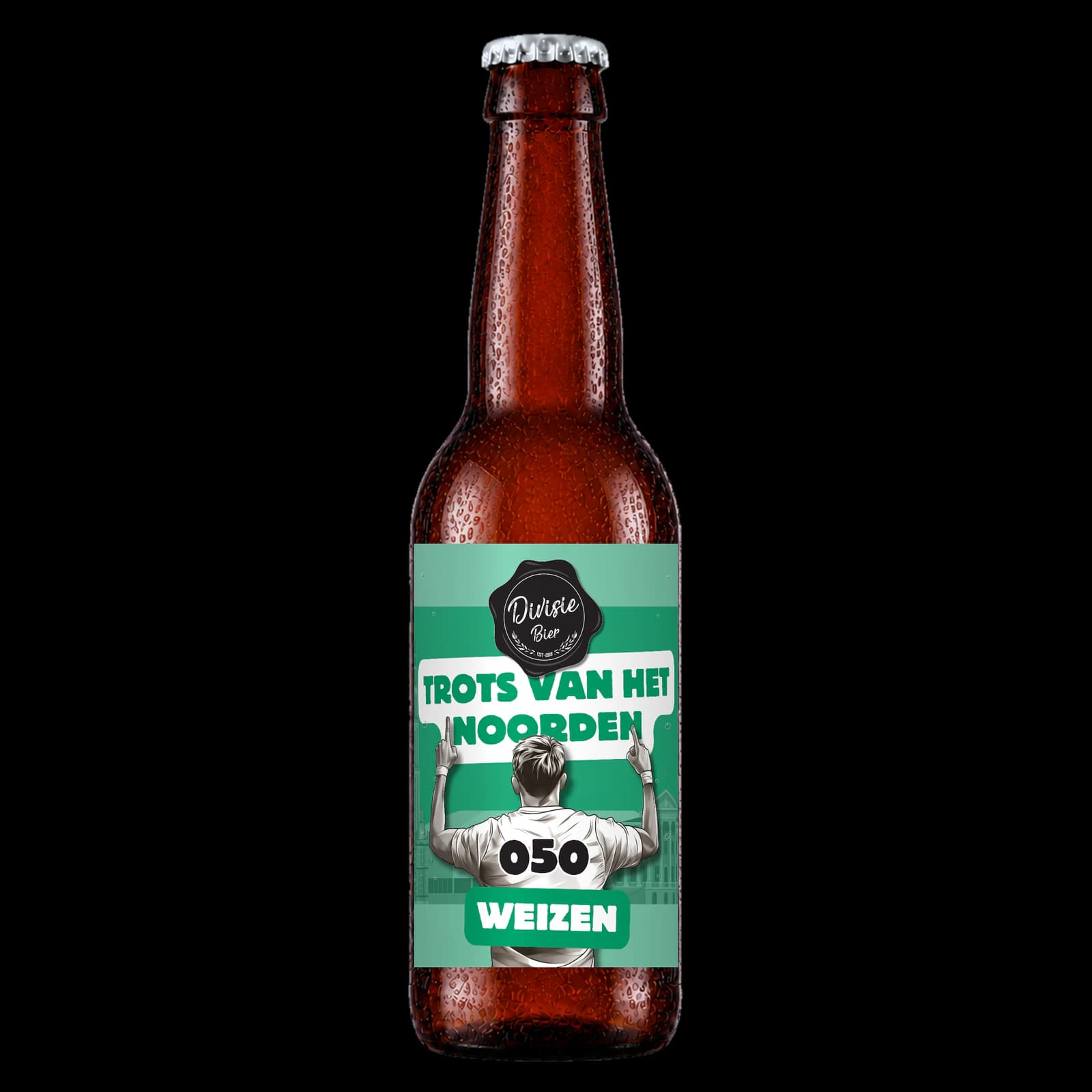 Bruin 33cl-flesje Trots van het Noorden Weizen met het originele etiket