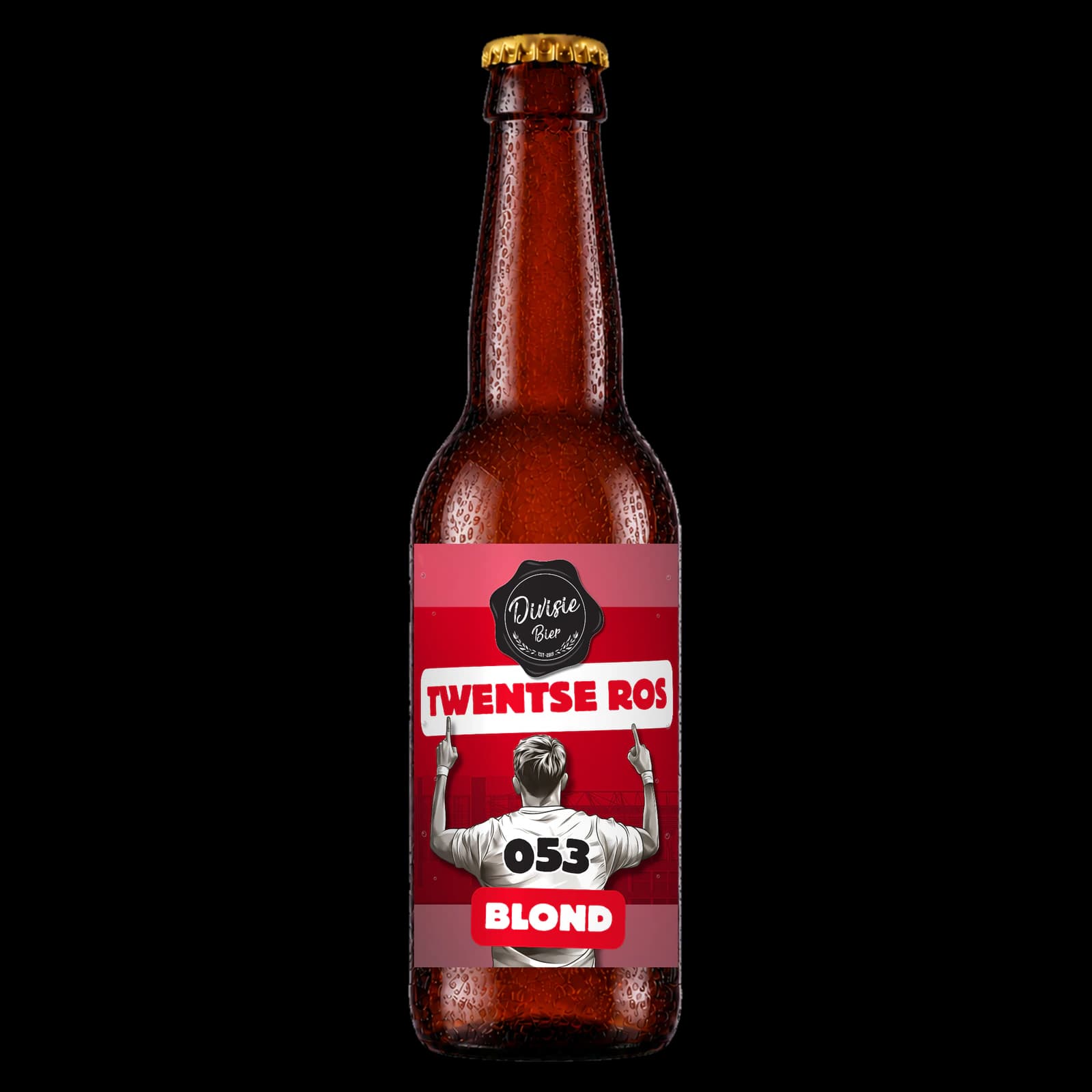Bruin 33cl-flesje Twentse Ros Blond met het originele etiket