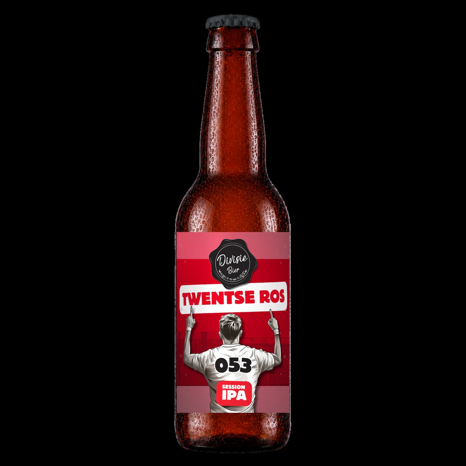 Bruin 33cl-flesje Twentse Ros Session IPA met het originele etiket