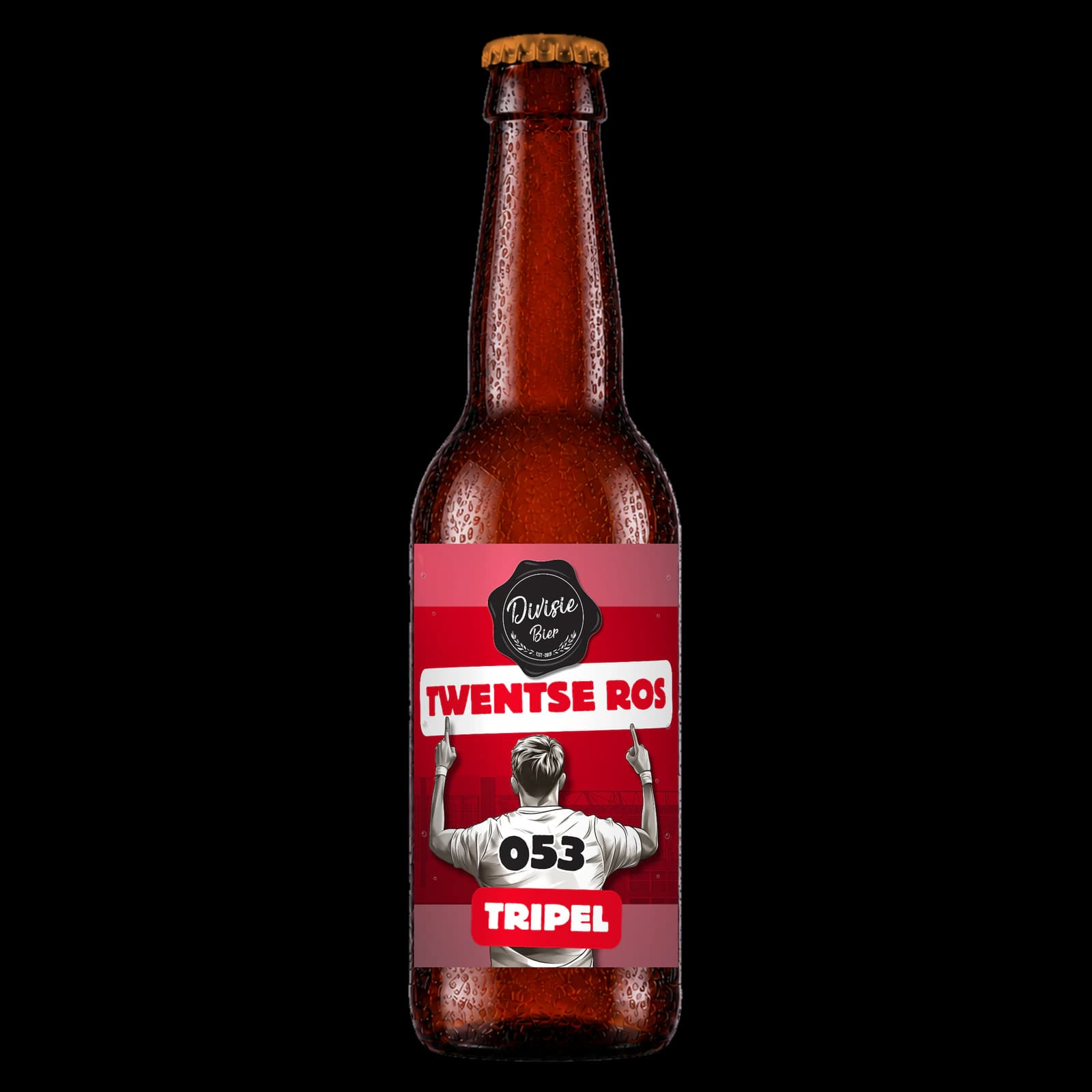 Bruin 33cl-flesje Twentse Ros Tripel met het originele etiket