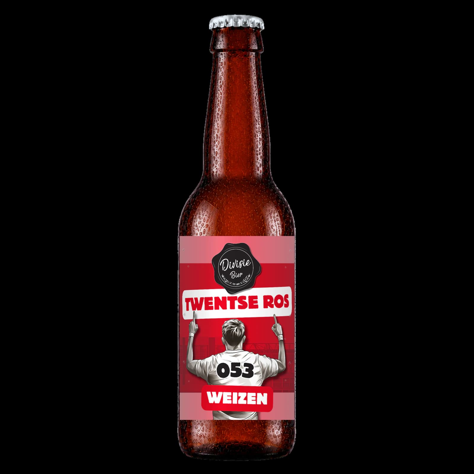 Bruin 33cl-flesje Twentse Ros Weizen met het originele etiket