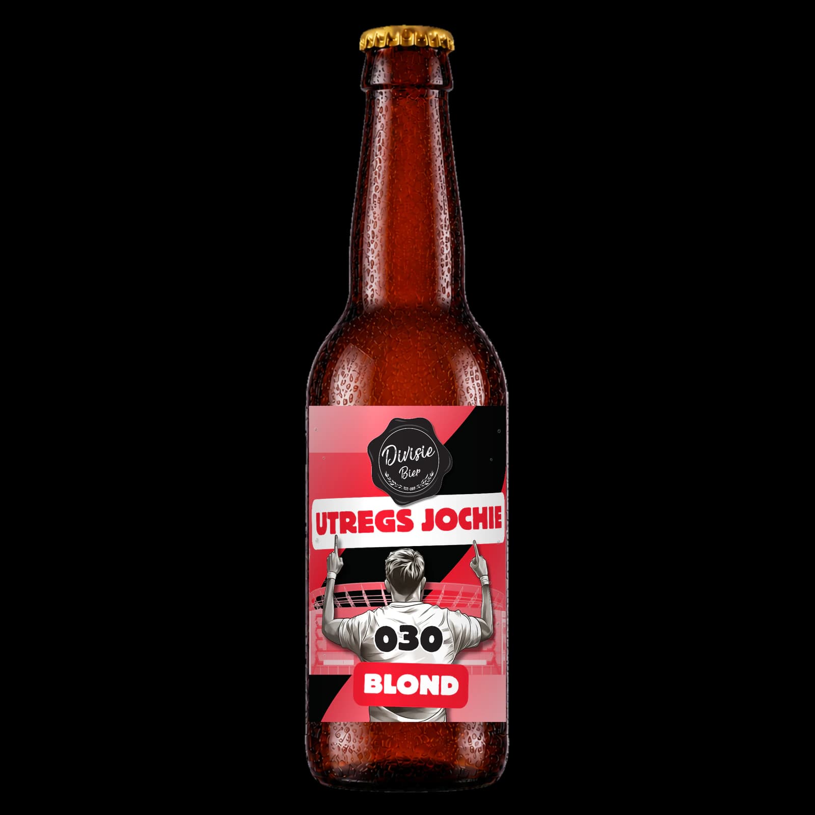 Bruin 33cl-flesje Utregs Jochie Blond met het originele etiket