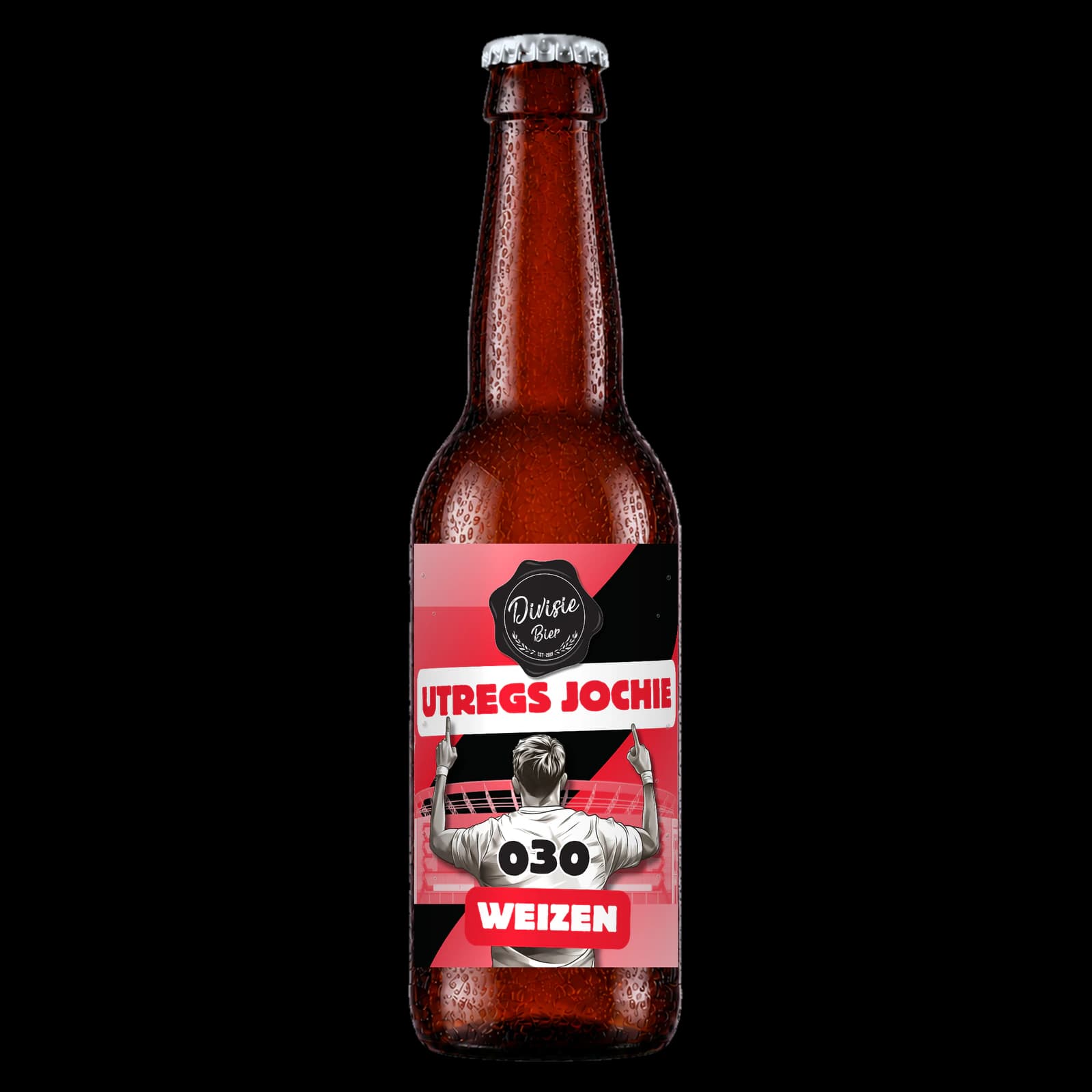 Bruin 33cl-flesje Utregs Jochie Weizen met het originele etiket